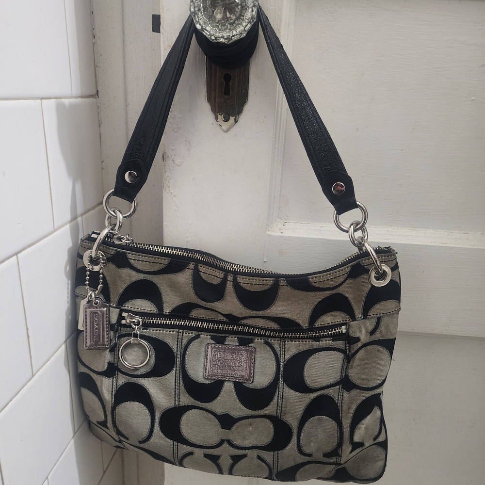 Coach Black and Cream Signature Shoulder Bag